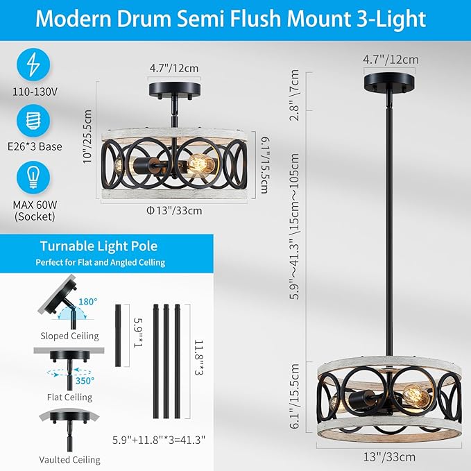 XINGQI White Chandelier 3-Light Modern Ceiling Light Rustic Wood Grain Adjustable Height Pendant Lighting Fixture 13" Round Metal Lamp for Dining Room Kitchen Bedroom Foyer Hallway