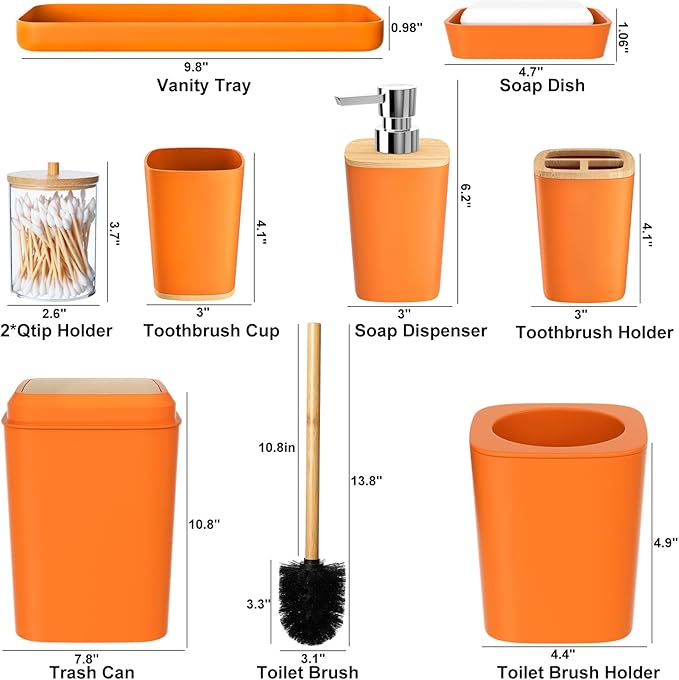 Orange Bathroom Accessories Set 9 Piece Bathroom Accessory Set with Trash Can,Toothbrush Holder,Toothbrush Cup,Lotion Soap Dispenser,Vanity Tray,Soap Dish,Toilet Brush,Qtip Holder