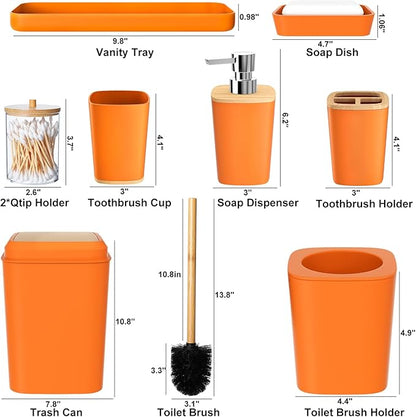 Orange Bathroom Accessories Set 9 Piece Bathroom Accessory Set with Trash Can,Toothbrush Holder,Toothbrush Cup,Lotion Soap Dispenser,Vanity Tray,Soap Dish,Toilet Brush,Qtip Holder