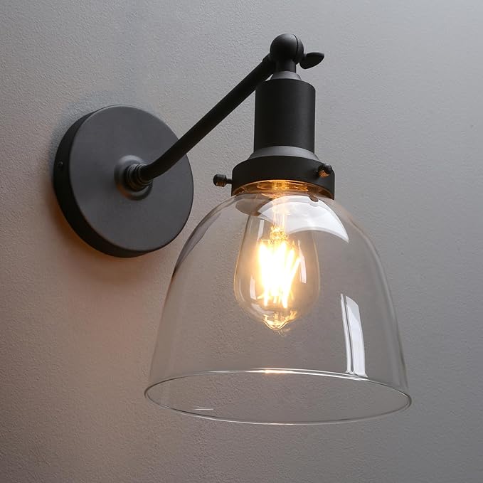 PERMO Industrial Vintage Sconces Slope Pole Single Sconce with 6.7" Oval Dome Clear Glass Shade Matte Black Wall Sconce Wall Mount Light Fixture for Bathroom Bedroom Entryway Home Office Kitchen