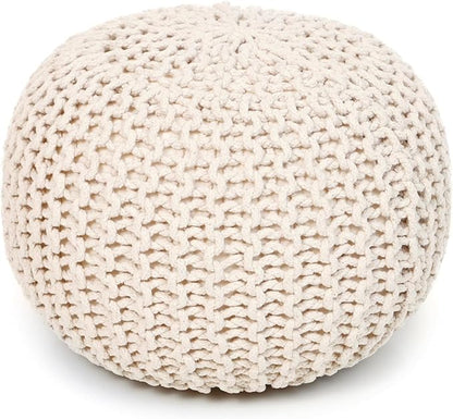 REDEARTH Round Pouf Ottoman - Cable Knitted Boho Poof - Home Décor Cord Pouffe Handmade Circular Footrest for Living Room - Bedroom - Kids Bedroom - 100% Cotton Pouf (19.5"x19.5"x14") - Natural