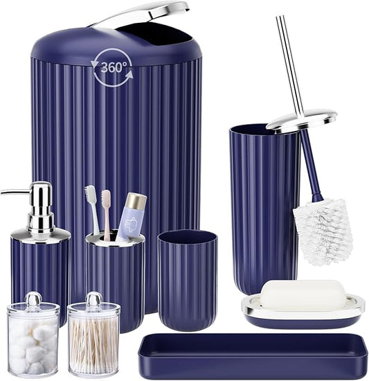 9PCS Nave Blue Bathroom Accessories Set Complete with Trash Can, Vanity Tray, Soap Dispenser, Soap Dish, Toothbrush Holder, Toothbrush Cup, Toilet Brush and Qtip Holders