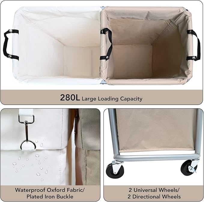 280L Laundry Cart with Wheels, Commercial Large Rolling Laundry Sorter, Heavy Duty Divided 2 Section Laundry Hamper with Steel Frame and Removable Bag for Laundry Room, Bedroom,Hotel Mix Color