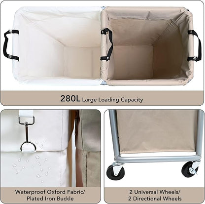 280L Laundry Cart with Wheels, Commercial Large Rolling Laundry Sorter, Heavy Duty Divided 2 Section Laundry Hamper with Steel Frame and Removable Bag for Laundry Room, Bedroom,Hotel Mix Color