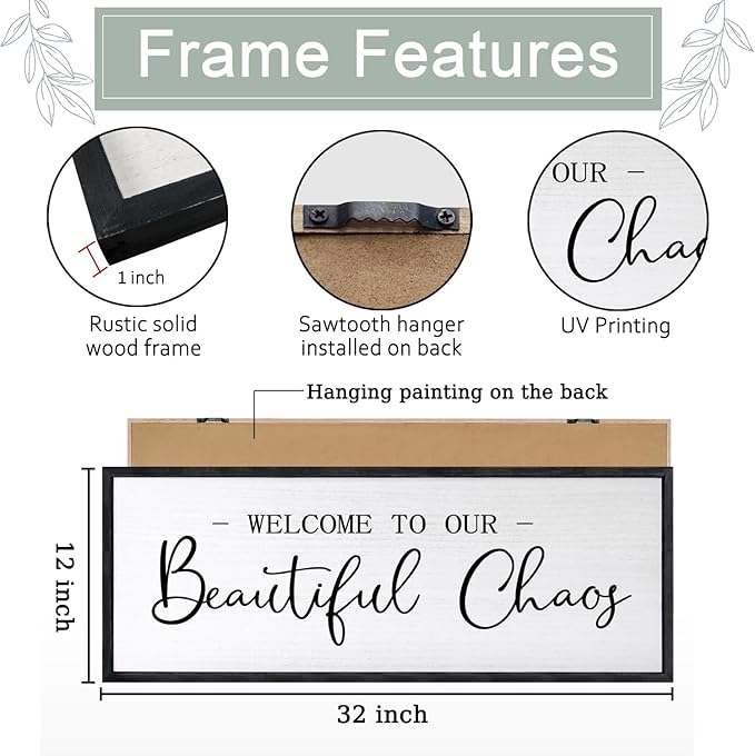 Welcome To Our Beautiful Chaos Sign Wall Decor Framed Wood 32X12 Inch For Rustic Home Living Room Entryway Bedroom Hanging Art (Black)