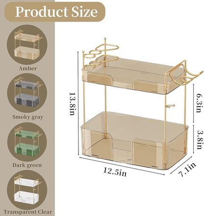 2 Tier Gold Bathroom Counter Organizer with Hair Dryer Holder, Skincare & Makeup Organizer, Cosmetics Shelf for Vanity Tray