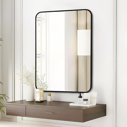 Fabuday Black Wall Mirror for Bathroom Over Sink - 22x30 Matte Metal Framed Rectangle Mirror, Rounded Rectangular Vanity Mirrors for Living Room, Bedroom, Entryway, Hallway, Horizontally/Vertically