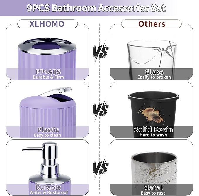 9PCS Purple Bathroom Accessories Set Complete with Trash Can, Vanity Tray, Soap Dispenser, Soap Dish, Toothbrush Holder, Toothbrush Cup, Toilet Brush and Qtip Holders