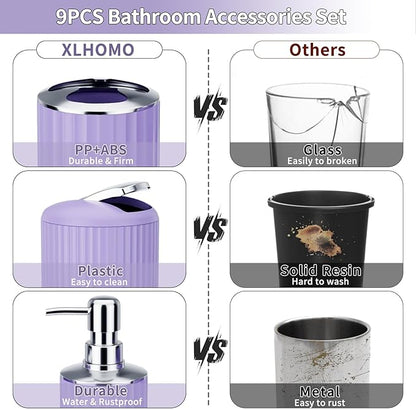 9PCS Purple Bathroom Accessories Set Complete with Trash Can, Vanity Tray, Soap Dispenser, Soap Dish, Toothbrush Holder, Toothbrush Cup, Toilet Brush and Qtip Holders