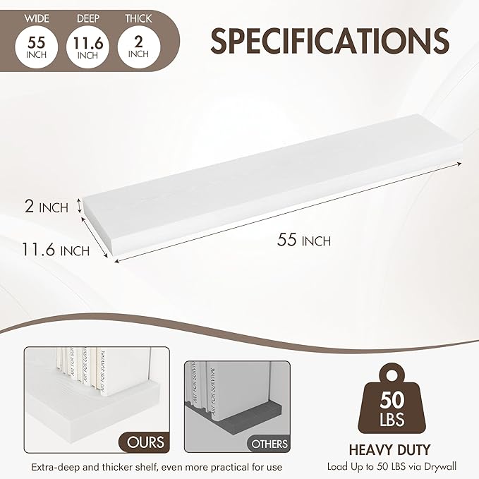 55 Inch Floating Shelves, 12" Deep Floating Shelf Wall Mounted, 55" Wall Shelves, Rustic Deep Bookshelf, Extra Deeper & Thicker Display Shelves for Bedroom, Living Room, White, Set of 2