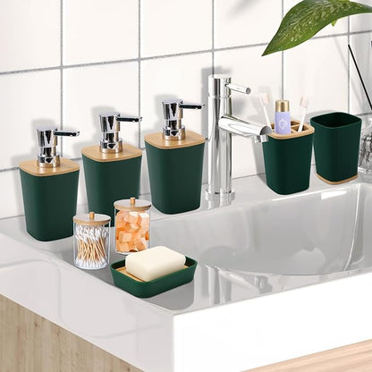 Dark Green Bathroom Accessories, Green Bathroom Accessories Set with Trash Can, Soap Dispenser, Toothbrush Holder, Toothbrush Cup, Soap Dish, Toilet Brush, Tray and Q-tip Holders