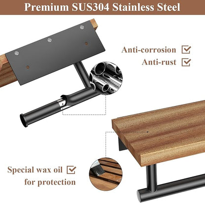 Tindbea Toilet Paper Holder with Wood Shelf, Wooden Wall Mount Tissue Paper Roll Holder, Matte Black Stainless Steel Bathroom Accessories Decor for Home (Sapele, Matte Black)