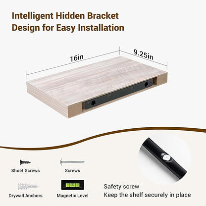 16 Inch Floating Shelves, 3D Textured Wood Grain, 16"x9.25"x1.5" Inch Deep Floating Shelves for Wall, Wooden Shelves for Bathroom, Bedroom, Living Room, Washed White, 2 Pieces