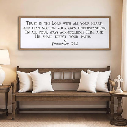 Trust in the Lord With All Thine Heart Wall Decor Art Bible Verse Sign Proverbs 3:5-6 Framed Wood 32X12 Inch For Scripture Christian Hanging (Wood)