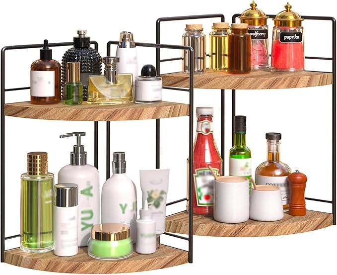 2 Pack Bathroom Counter Organizer, 2 Tier Corner Bathroom Counter Organizer Wooden Vanity Organizers for Bathroom Organizers and Kitchen Storage Dresser Decoration