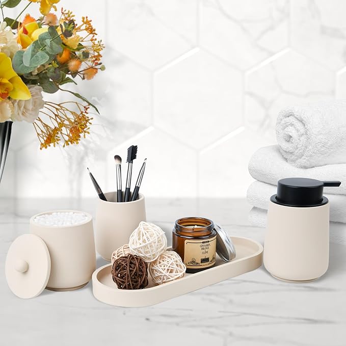 Beige Bathroom Accessories Set - 4 Pcs Bathroom Accessory Sets with Toothbrush Holder,Lotion Soap Dispenser,Qtip Holder Dispensr & Vanity Tray,Bathroom Countertop Vanity Oganizer - Beige
