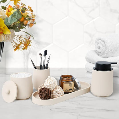 Beige Bathroom Accessories Set - 4 Pcs Bathroom Accessory Sets with Toothbrush Holder,Lotion Soap Dispenser,Qtip Holder Dispensr & Vanity Tray,Bathroom Countertop Vanity Oganizer - Beige