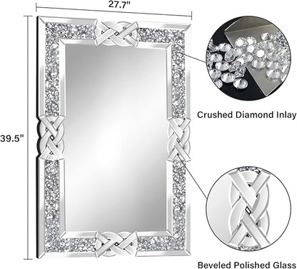 Crushed Diamond Decorative Wall Mirrors, 27.7x39.5 Inch Rectangle Living Room Mirrors for Wall Decor, Modern Glam Bathroom Dining Room Entryway Mirror Silver