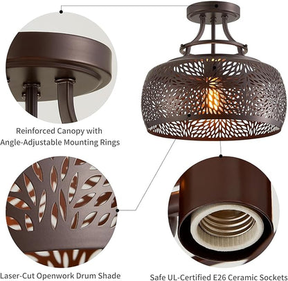 WUZUPS Chandelier Rustic Farmhouse Industrial Round Semi-flushmount Ceiling LED Light Fixture with Later-Cut Openwork Drum Shade, H 11.8" x W 13.4", Oil Rubbed Bronze