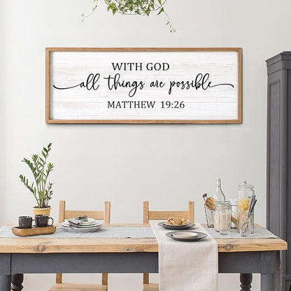 With God All Things are Possible Framed Wall Art, 40''×15'' Positive Religious Rustic Bible Verse for Christian God Jesus Christ Prayer, Vintage Horizontal Holy Inspirational Catholic Scripture Decor