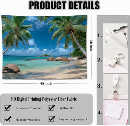 keowhsf Beach Summer Ocean Tapestry – Tropical Palm Trees Wall Hanging Decor with Blue Sky and Seaside Scenery, Nature Landscape Tapestry for Bedroom Living Room Dorm
