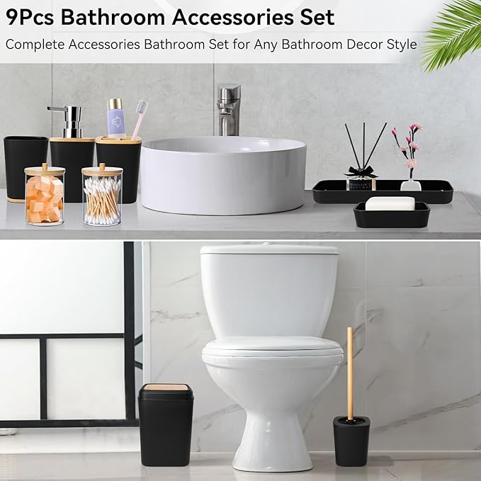 Bathroom Set Black Bathroom Trash Can, 9 Piece Bathroom Decor Toothbrush Holder, Cup, Lotion Dispenser, Tray, Soap Dish, Toilet Brush, Qtip Holder
