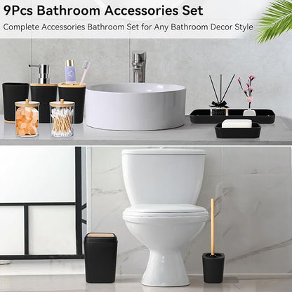 Bathroom Set Black Bathroom Trash Can, 9 Piece Bathroom Decor Toothbrush Holder, Cup, Lotion Dispenser, Tray, Soap Dish, Toilet Brush, Qtip Holder