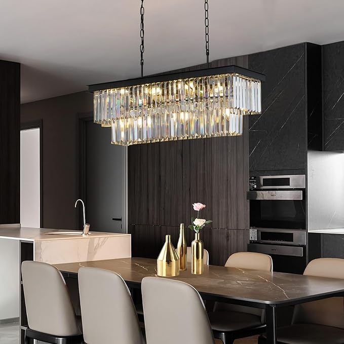 Crystal Chandeliers for Dining Room 11-Light Black Modern Chandelier Rectangle Contemporary Pendant Light Fixture for Kitchen Island Bar L33.5 Inch