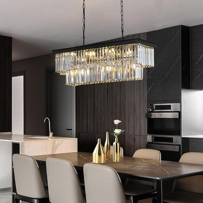 Crystal Chandeliers for Dining Room 11-Light Black Modern Chandelier Rectangle Contemporary Pendant Light Fixture for Kitchen Island Bar L33.5 Inch