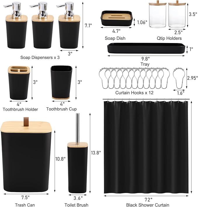 Black Bathroom Accessories Sets Complete with Shower Curtain, 24 PCS Bathroom Set with Trash Can,Toothbrush Holder,Toothbrush Cup,Soap Dispenser,Soap Dish,Toilet Brush,Tray and Qtip Holder