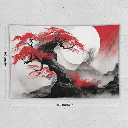 Cherry Blossoms Tapestry,Japanese Red Landscape Asian Watercolor Abstract Art Tapestry,Japanese Wall Tapestry, Nature Landscape Tapestries for Bedroom Living Room Decor 60"x40"