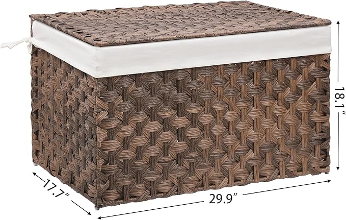 Wicker Storage Basket with Lid, 42.3 Gallon (160L) Large Blanket Basket with Lid, Woven Storage Bin with Handles, Removable Liner, Metal Frame, Foldable, for Bedroom, Laundry Room, Brown