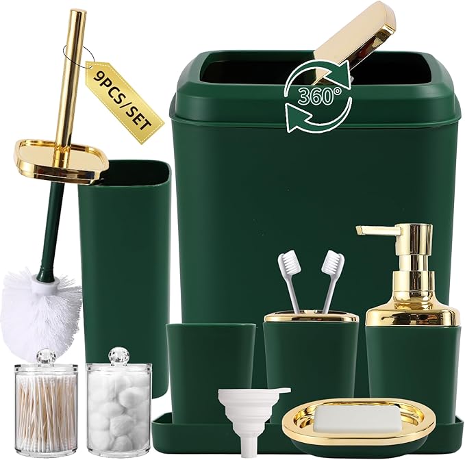 Dark Green Bathroom Accessories Set, Green and Gold Bathroom Accessories with Trash Can, Soap Dispenser, Soap Dish, Toothbrush Holder and Q-tip Holders