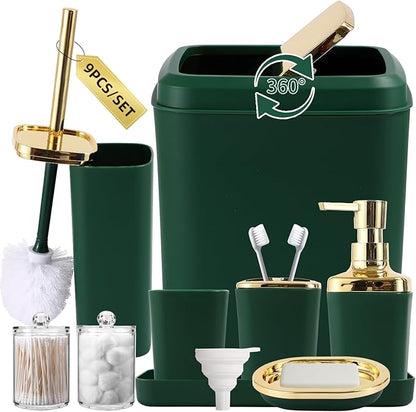 Dark Green Bathroom Accessories Set, Green and Gold Bathroom Accessories with Trash Can, Soap Dispenser, Soap Dish, Toothbrush Holder and Q-tip Holders