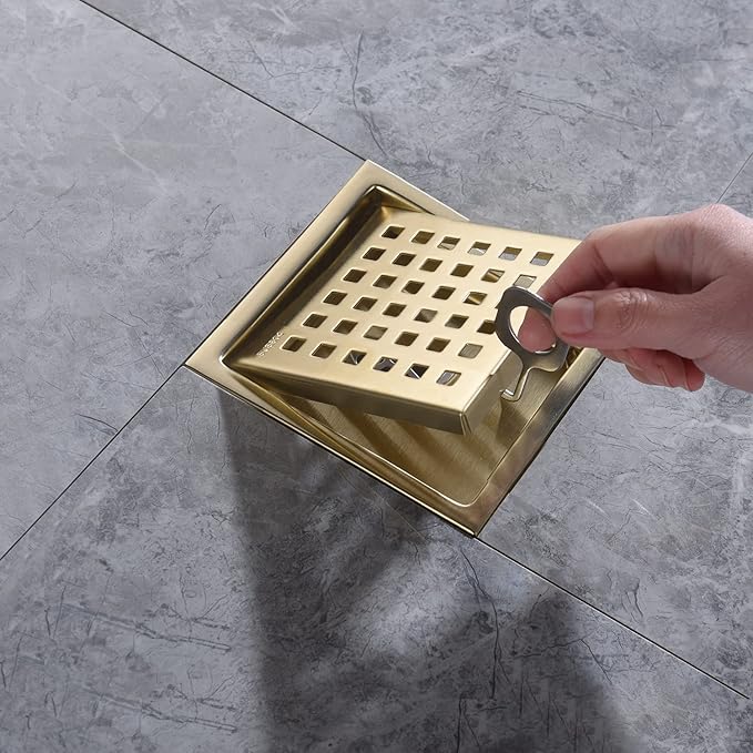 4 Inch Brushed Gold Shower Floor Drain Square for Bathroom Kitchen Removable Grill Plate Cover with Flange Kit, Sus304 Stainless Steel Brass Finish