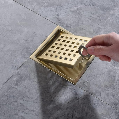 4 Inch Brushed Gold Shower Floor Drain Square for Bathroom Kitchen Removable Grill Plate Cover with Flange Kit, Sus304 Stainless Steel Brass Finish