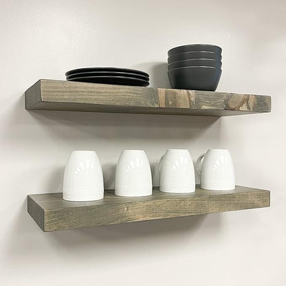 URBANDI, Rustic Floating Shelves, Set of 2, Hidden Bracket, Solid Wood, Heavy Duty, Wall Mounted Shelves, (Grey, 36Wx6D)