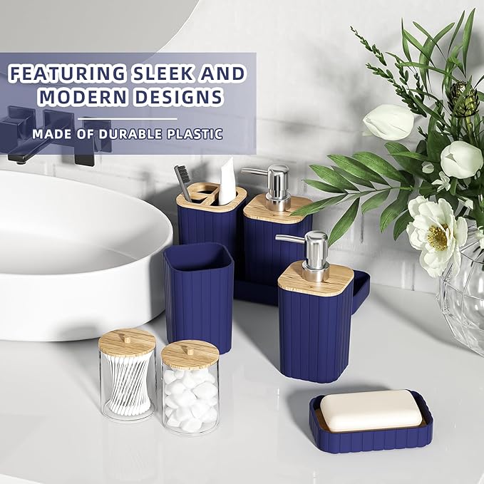 Bathroom Accessories Set - Elegant Blue Bathroom Set, 10PC Bathroom Accessory Set, Toilet Brush, Trash Can, Qtip Holder Dispenser & Soap Dispenser