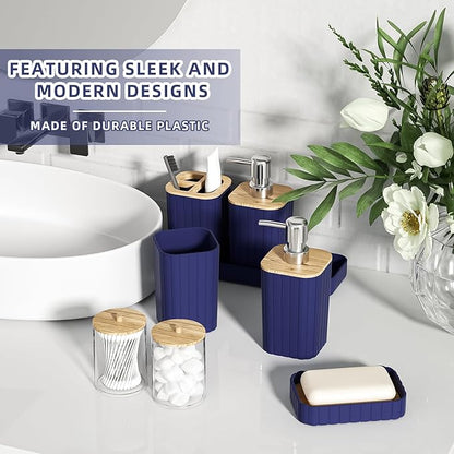 Bathroom Accessories Set - Elegant Blue Bathroom Set, 10PC Bathroom Accessory Set, Toilet Brush, Trash Can, Qtip Holder Dispenser & Soap Dispenser