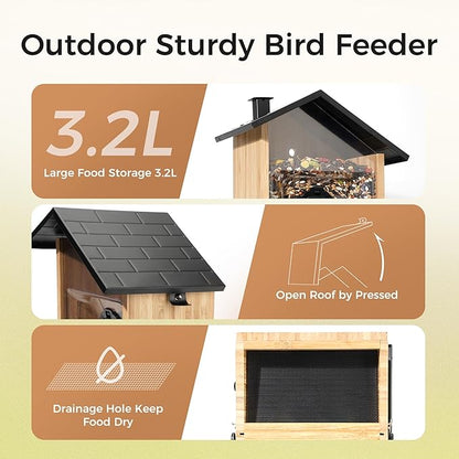 TT Nature Smart Squirrel-Proof Bird Feeder with Camera 2K, Solar Powered, AI Bird Species Recognition, Instant Notification, CCPA Data Security, Bamboo 3.2L Large Capacity, Ideal Gift