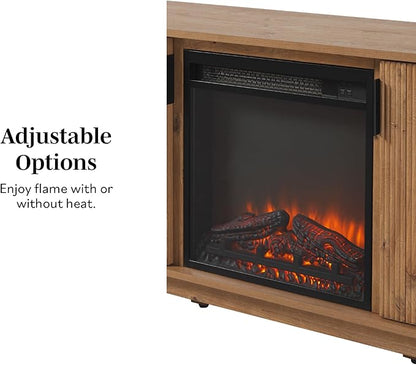 Walker Edison Arundo Reeded TV Stand with Fireplace & Storage, 70" Fireplace, English Oak