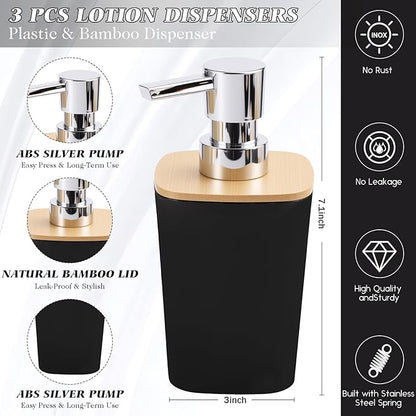 Black Bathroom Accessories, Bathroom Accessories Set with Trash Can, Soap Dispenser, Toothbrush Holder, Toothbrush Cup, Soap Dish, Toilet Brush, Tray and Q-tip Holders for Housewarming