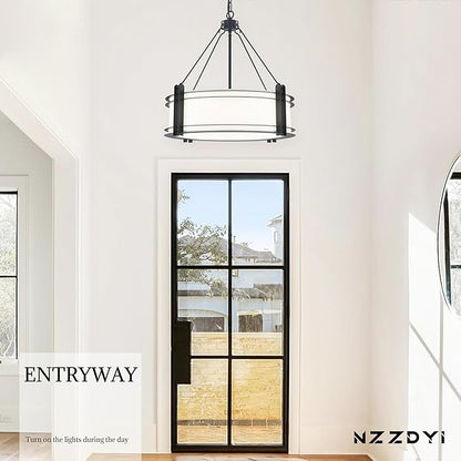 20.4''Drum Chandelier,5-Light Fabric Modern Chandeliers,Black Farmhouse Round Pendant Light Fixture for Dining Room Kitchen Island Living Room Bedroom Hallway