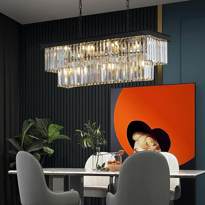 Crystal Chandeliers for Dining Room 11-Light Black Modern Chandelier Rectangle Contemporary Pendant Light Fixture for Kitchen Island Bar L33.5 Inch