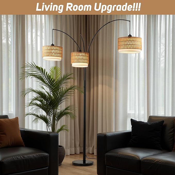 Rattan Floor Lamp for Living Room, 80 Inch Tall Boho Floor Lamp with Rotary Switch, 3 Lights Arc Lamp with Wicker Shade for Coastal,Bohemian,Tree Farmhouse Standing Lamp