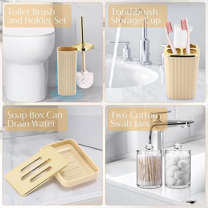 17PCS Bathroom Accessory Set Bathroom Set Beige Bathroom Accessories,Toilet Brush, Trash Can, Qtip Holder Dispenser& 3PCS Soap Dispenser