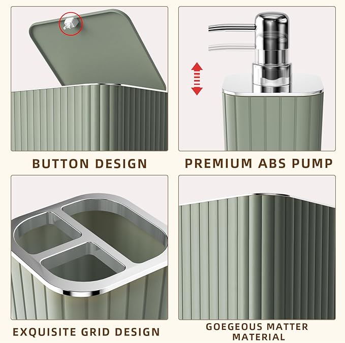 Bathroom Accessories Set - 25PC Sage Bathroom Set, Bathroom Set with Shower Curtain and Rugs, Sage Green Shower Curtain Set, Bathroom Accessory Set, Trash Can & Soap Dispenser