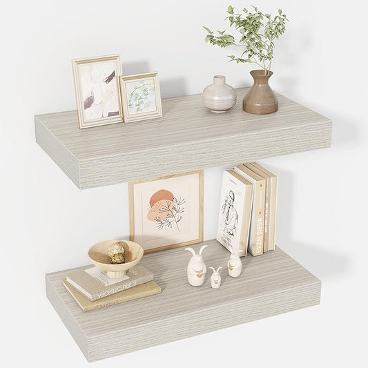 24 Inch Floating Shelves, 12" Deep Floating Shelf Wall Mounted, 24" Wall Shelves, Rustic Deep Bookshelf, Extra Deeper & Thicker Display Shelves for Bedroom, Living Room, Gray, Set of 2
