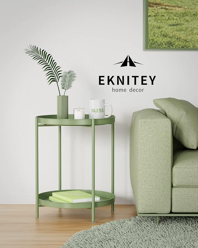 EKNITEY 2 Tier End Table - Metal Side Table Waterproof Small Sofa Coffee Side Tables Bedroom Indoor Outdoor with Removable Tray for Living Room Bedroom Balcony and Office (Atrovirens)