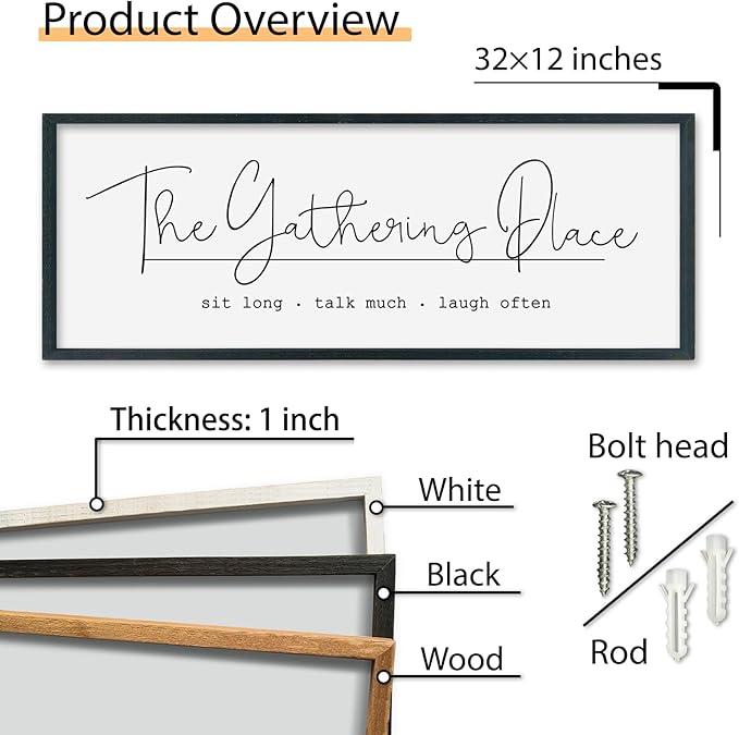 SRSZHIYUE The Gathering Place Sign Wall Decor Art 32"×12" for Large Kitchen Dining Room Wood Framed Wall Hanging (Black)